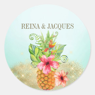 Redonda Pegatina de sellado de Boda floral de piña tropica