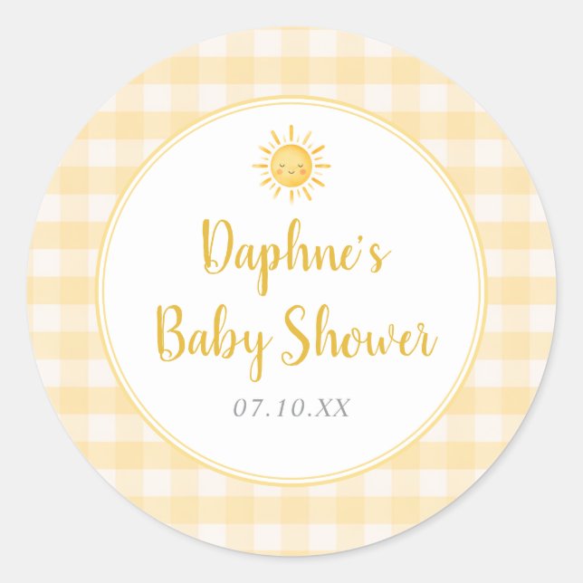 Redonda Pegatina de Shower de Bebé de Gingham Amarillo Bri (Anverso)