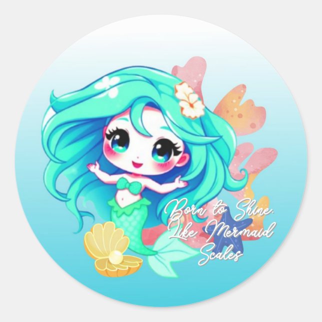 Redonda Pegatina de Sirena Chibi Adorable (Anverso)