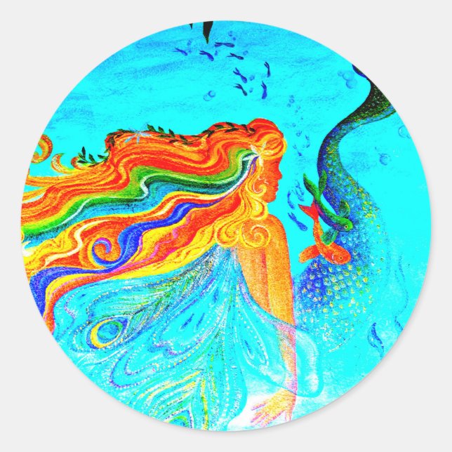 Redonda pegatina de sirena de cabello arcoiris (Anverso)