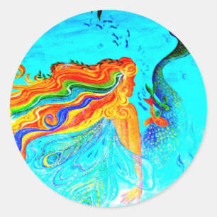 Redonda pegatina de sirena de cabello arcoiris