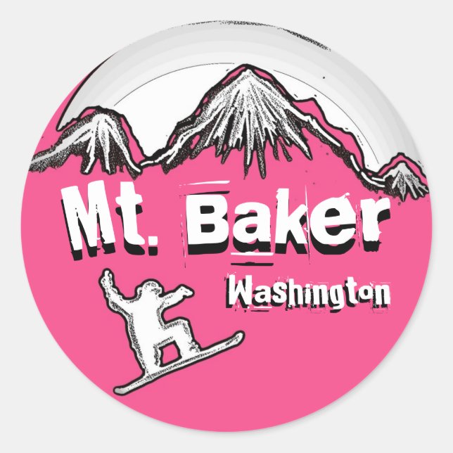 Redonda Pegatina de snowboard rosa de Mt. Baker Washington (Anverso)