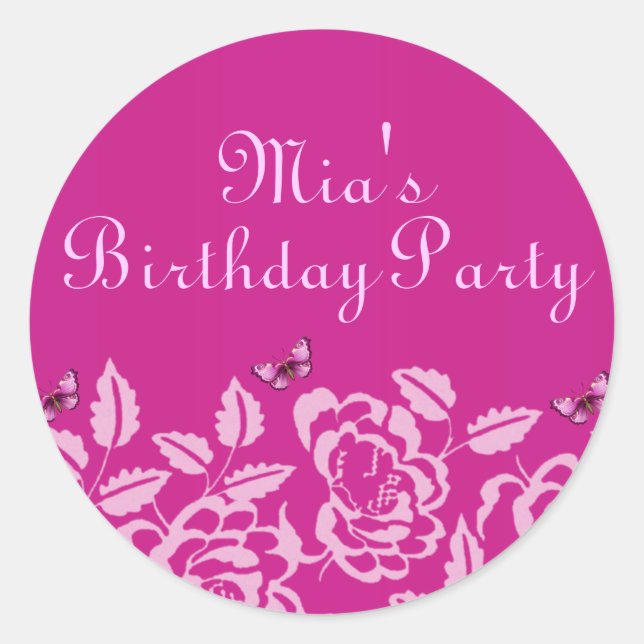 Redonda Pegatina de sobre de cumpleaños de mariposa rosa e (Anverso)