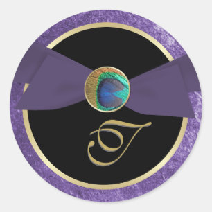 Redonda Pegatina de sobre monograma de botón de pavo real 