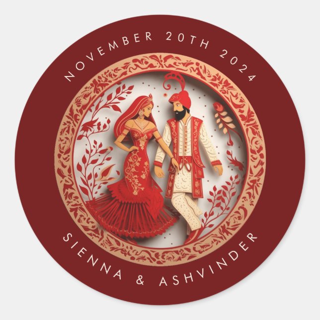 Redonda Pegatina de sobres de la pareja Boda india (Anverso)