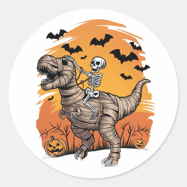 Redonda Pegatina de T-Rex en un esqueleto de Halloween (Anverso)