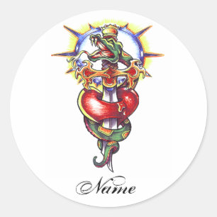 Redonda pegatina de tatuajes de espadas y serpientes en el