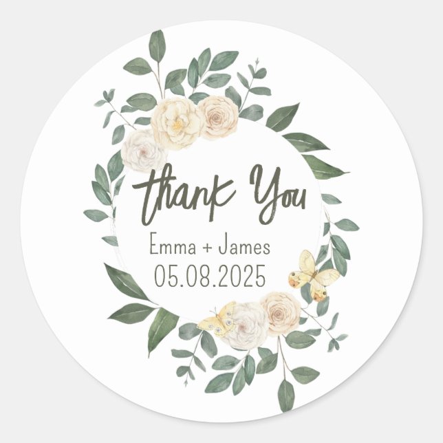 Redonda Pegatina de texto de Personalizable floral acuarel (Anverso)