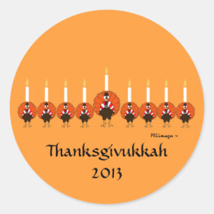 Redonda Pegatina de Turquía Menorah Thanksgivukkah