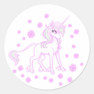 Redonda Pegatina de Unicornio Floral de Primavera Rosa