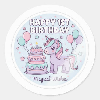Redonda Pegatina de unicornio para el primer cumpleaños