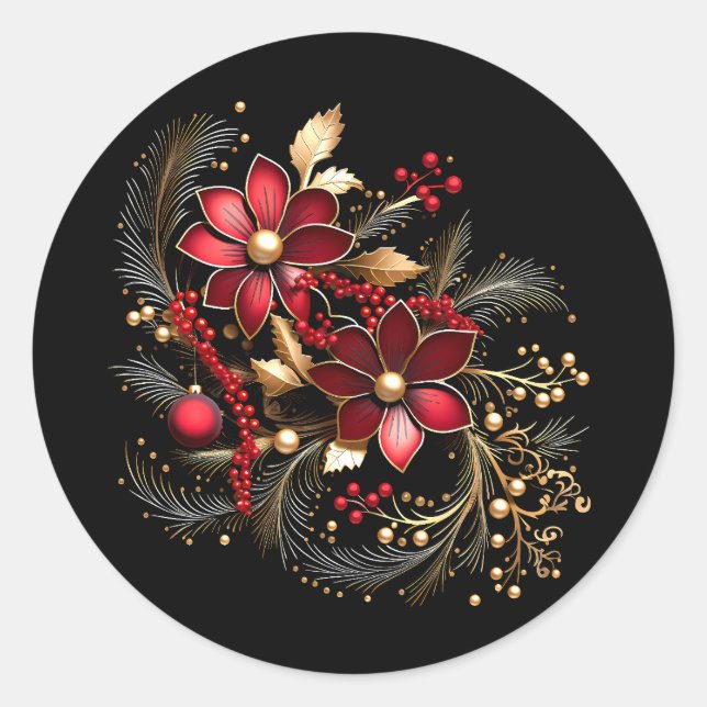 Redonda Pegatina de vacaciones de flores rojas decorativas (Anverso)