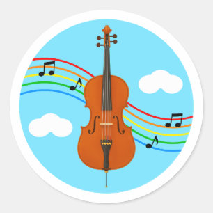 Redonda Pegatina de violonchelo cielo arcoíris música niño
