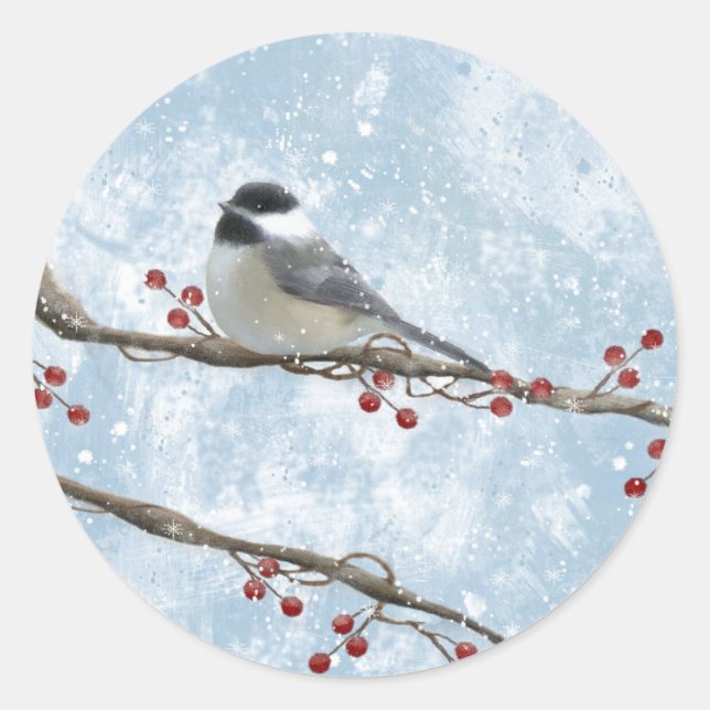 Redonda Pegatina de Winter Chickadee (Anverso)