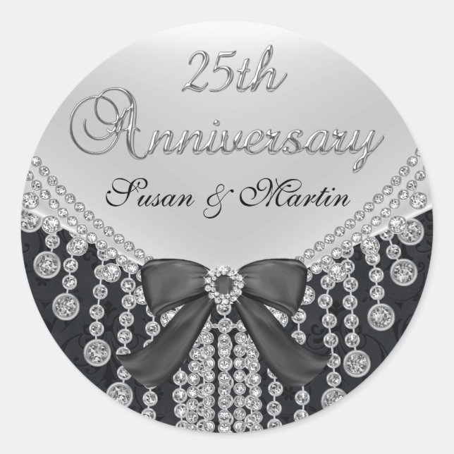 Redonda Pegatina del 25º Aniversario Diamond Bow & Damask (Anverso)