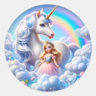 Redonda Pegatina del arcoiris de la princesa de unicornio,