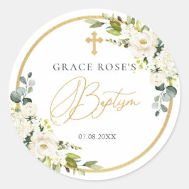 Redonda Pegatina del bautismo cruzado de las rosas blancas