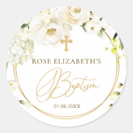 Redonda Pegatina del bautismo cruzado de las rosas blancas