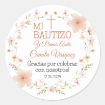 Pegatina del bautismo en español con flores de col
