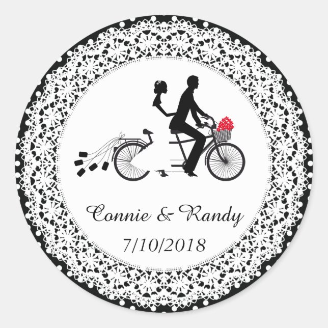 Redonda Pegatina del Boda de bicicleta tándem (Anverso)