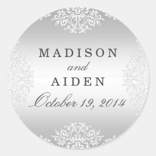 Redonda Pegatina del Boda de glamour blanco plateado
