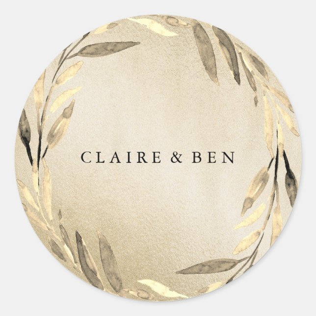 Redonda Pegatina del Boda de la hoja dorada moderna (Anverso)