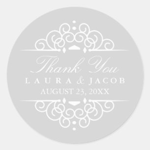 Redonda Pegatina del Boda de pergamino gris y blanco