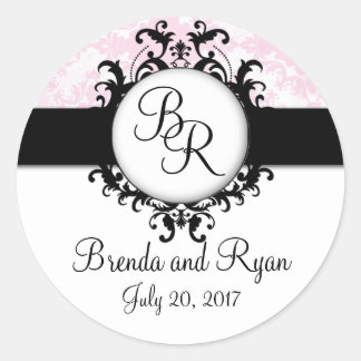 Redonda Pegatina del Boda inicial de Damasco rosa de moda