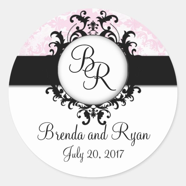 Redonda Pegatina del Boda inicial de Damasco rosa de moda (Anverso)