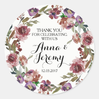 Redonda Pegatina del Boda Vintage Purple Floral Wreath