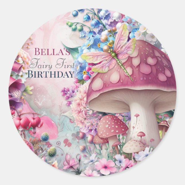 Redonda Pegatina del bosque de hadas mágico de hongos (Anverso)