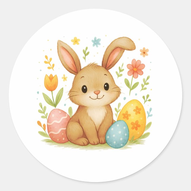 Redonda Pegatina del conejo de Pascua con huevos (Anverso)