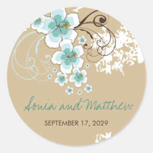 Redonda Pegatina del Favor de Boda Tropical Blue Hibiscus