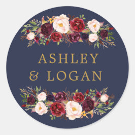 Redonda Pegatina del Favor de la Boda Floral Navy Gold Mar