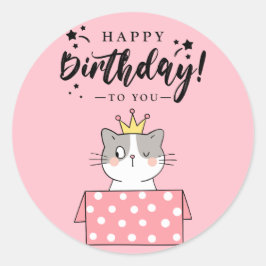 Redonda Pegatina del gato feliz de cumpleaños