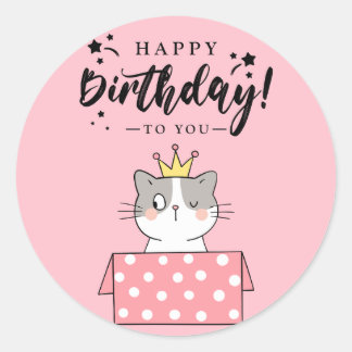 Redonda Pegatina del gato feliz de cumpleaños