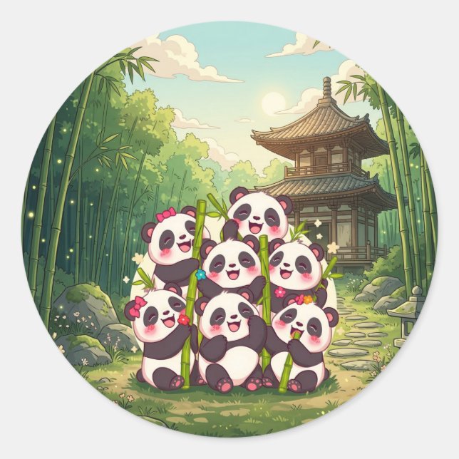 Redonda Pegatina del jardín de bambú del panda lindo (Anverso)