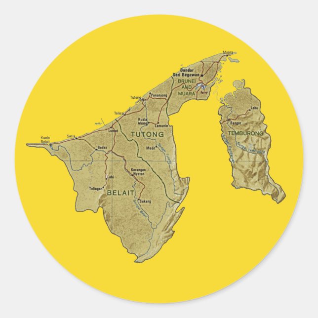 Redonda Pegatina del mapa de Brunéi (Anverso)