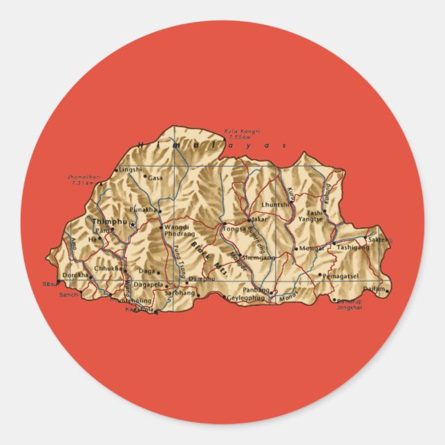 Redonda Pegatina del mapa de Bután (Anverso)