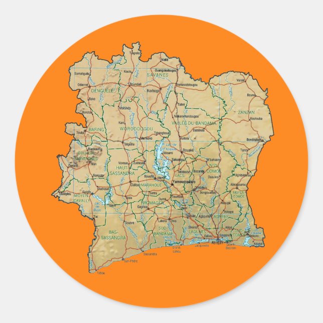 Redonda Pegatina del mapa de Côte d'Ivoire (Anverso)
