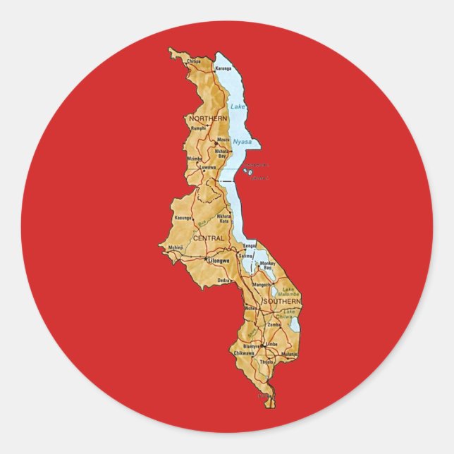 Redonda Pegatina del mapa de Malawi (Anverso)