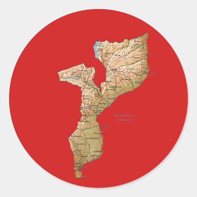 Redonda Pegatina del mapa de Mozambique (Anverso)