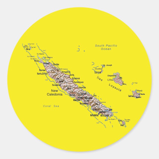 Redonda Pegatina del mapa de Nueva Caledonia (Anverso)