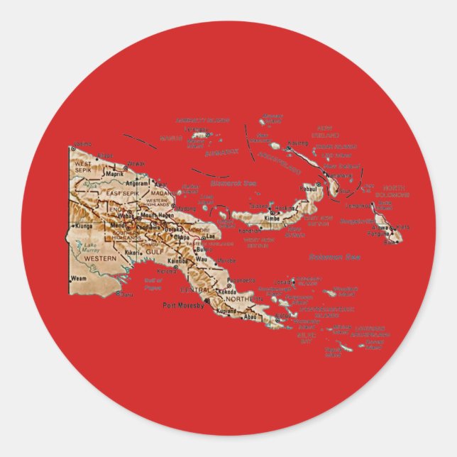 Redonda Pegatina del mapa de Papúa Nueva Guinea (Anverso)