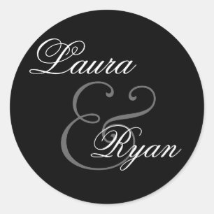 Redonda Pegatina del Monograma BLANCO BLANCO NEGRO Boda