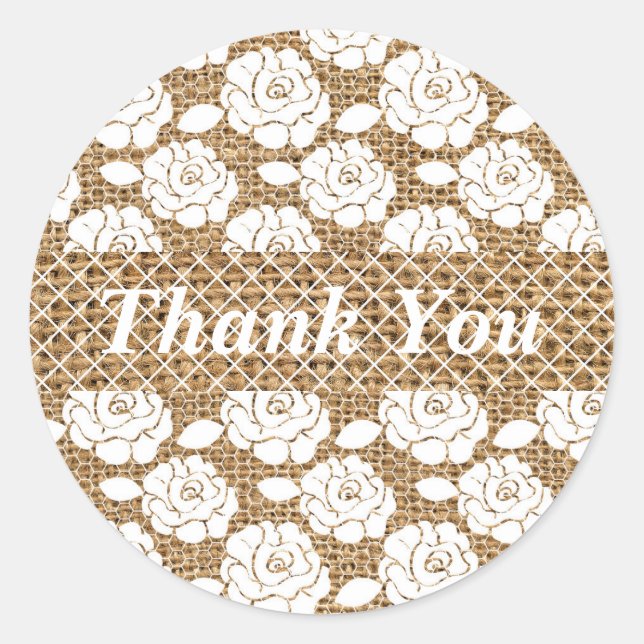 Redonda Pegatina del Monograma de Burlap y Lace (Anverso)