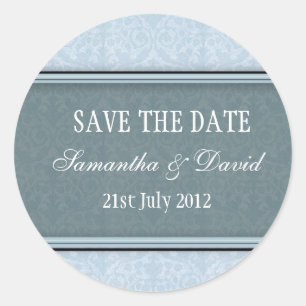 Redonda Pegatina del Monograma de Damasco Azul de Hielo