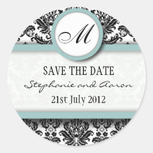 Redonda Pegatina del Monograma de Damasco negro y azul