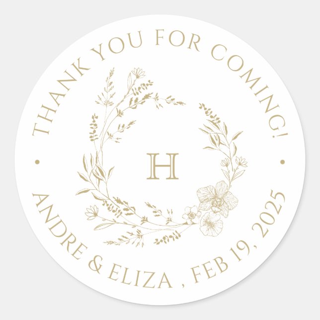 Redonda Pegatina del Monograma Dorado Botánico Boda (Anverso)