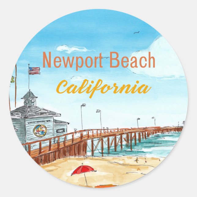 Redonda Pegatina del Muelle de Newport Beach (Anverso)